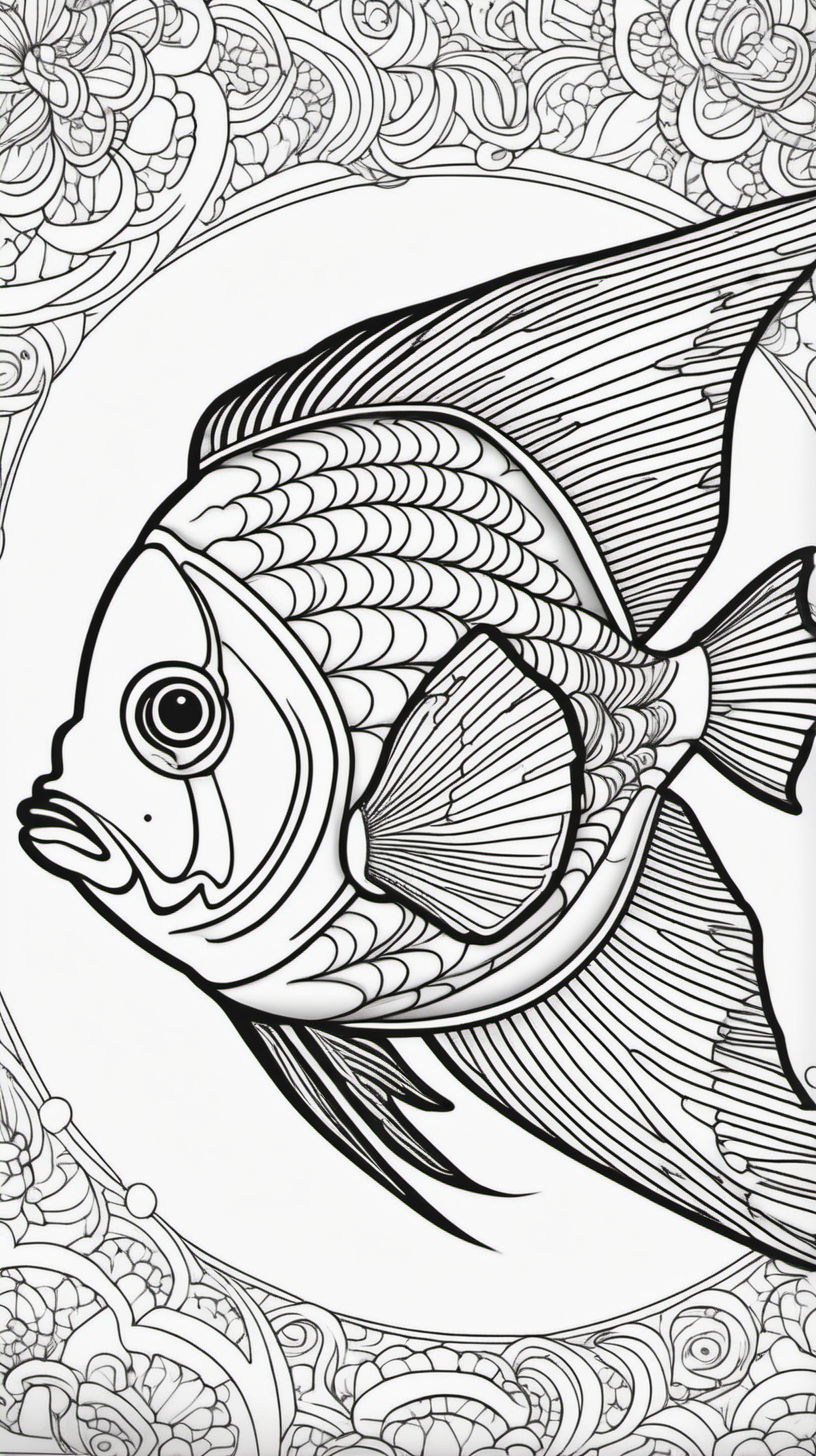 angel fish, mandala background, coloring book page, clean line art, no color