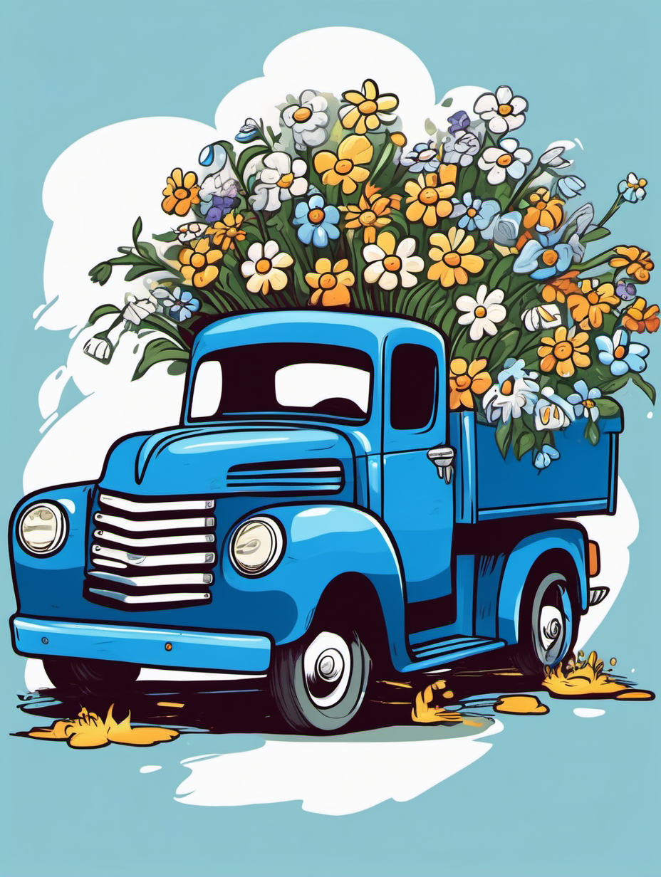 cartoon old blue truck with bed spilling flowers