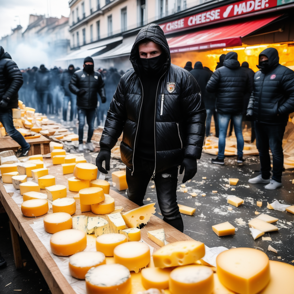 Football fans in black jackets destroying a cheese market