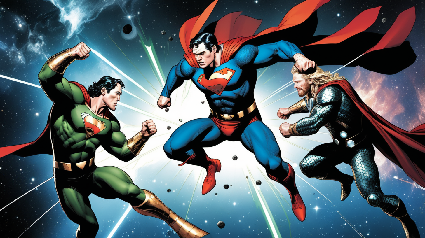 Superman fights Loki and Thor in space