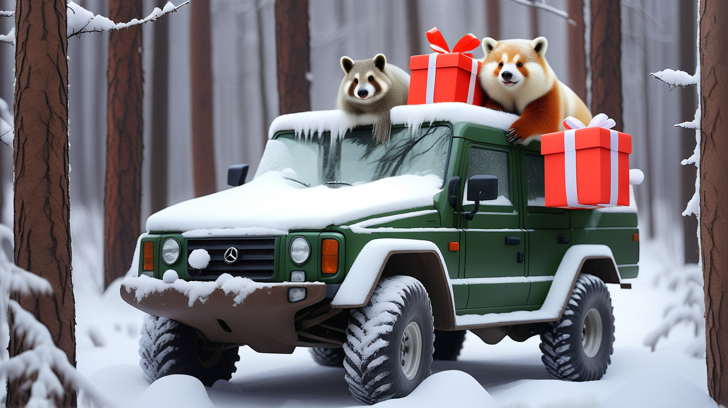 В лесу зима, деревья покрыты пушистым белым снегом,  снегурочка приехала на вездеходе к этим зверям с подарками, чтобы всех поздравить с Новым  Годом