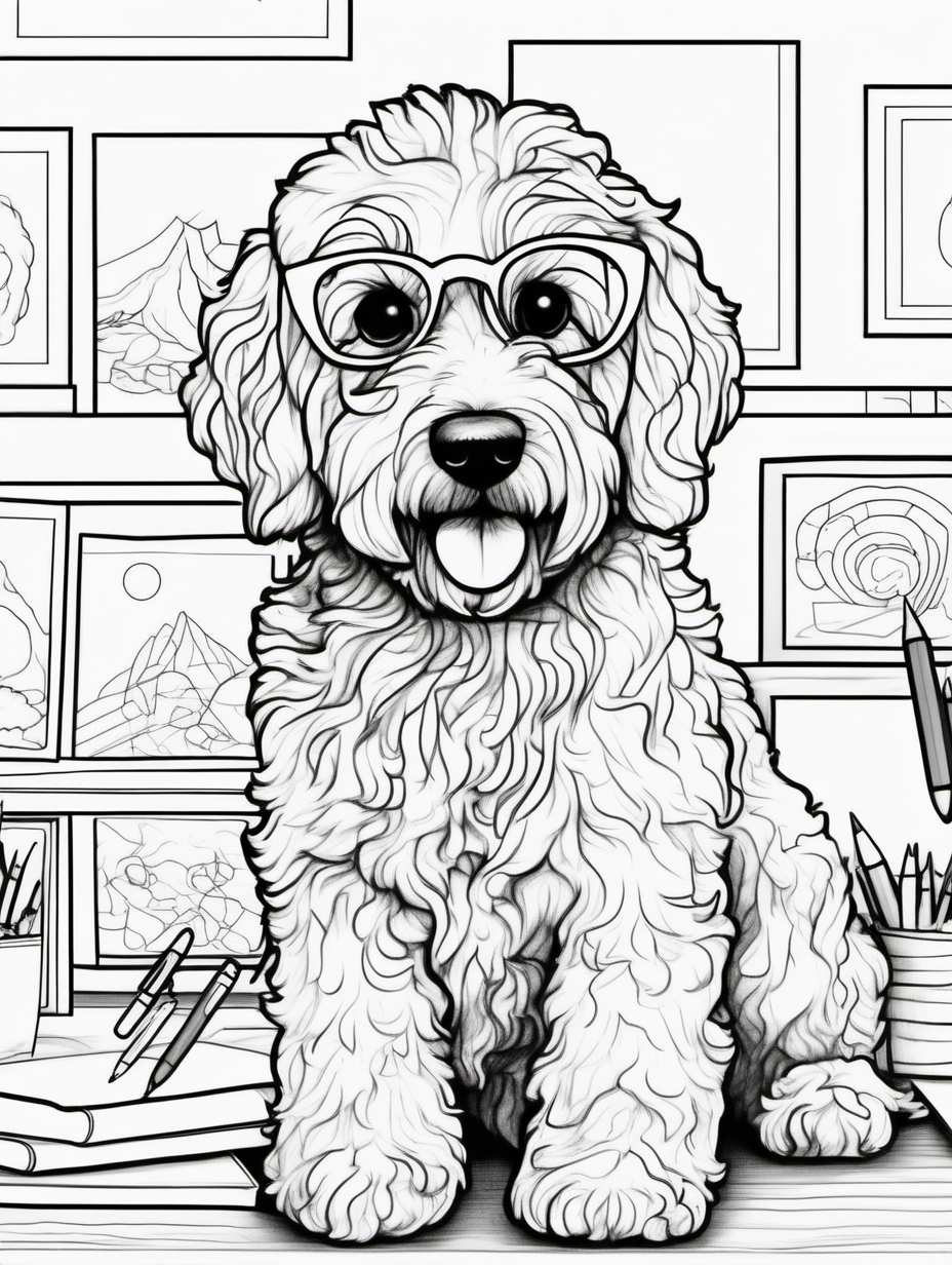 Cute female golden doodle posing for an art class for a coloring book with black lines and white background