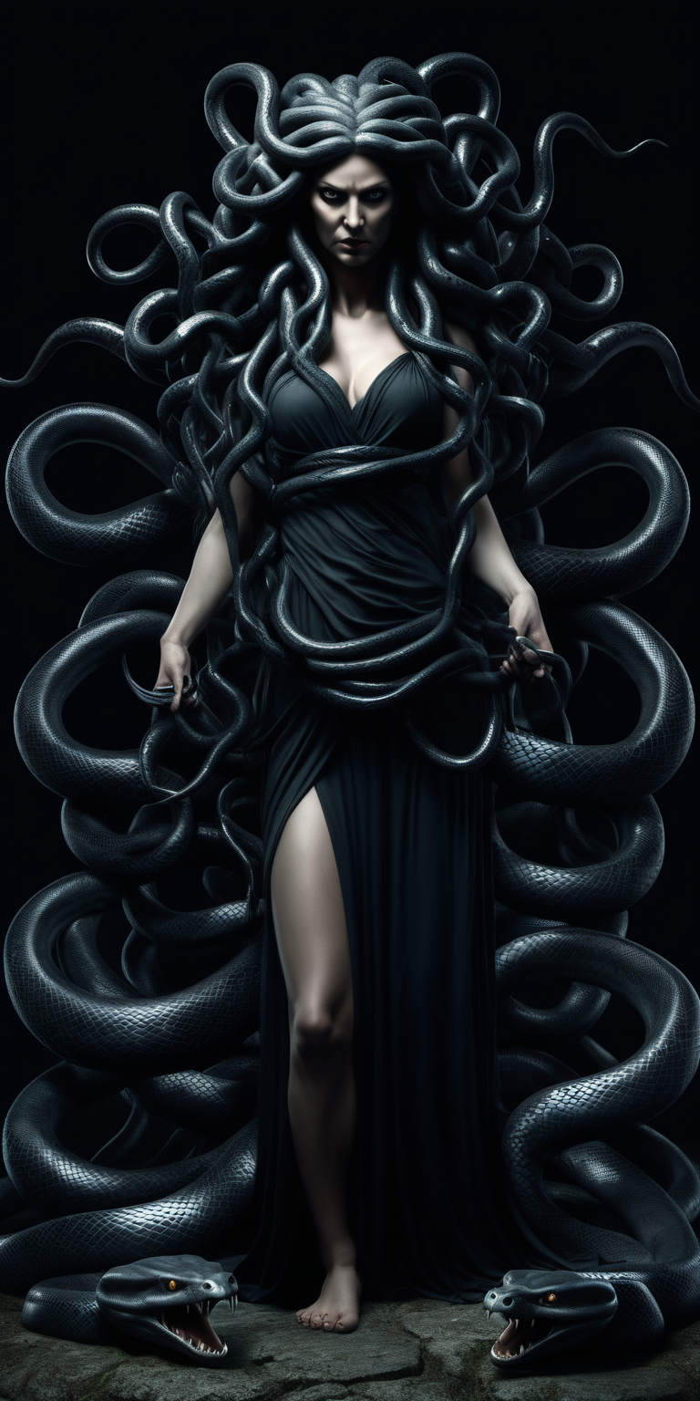 realistic aggressive Medusa stood with black snakes stood at night