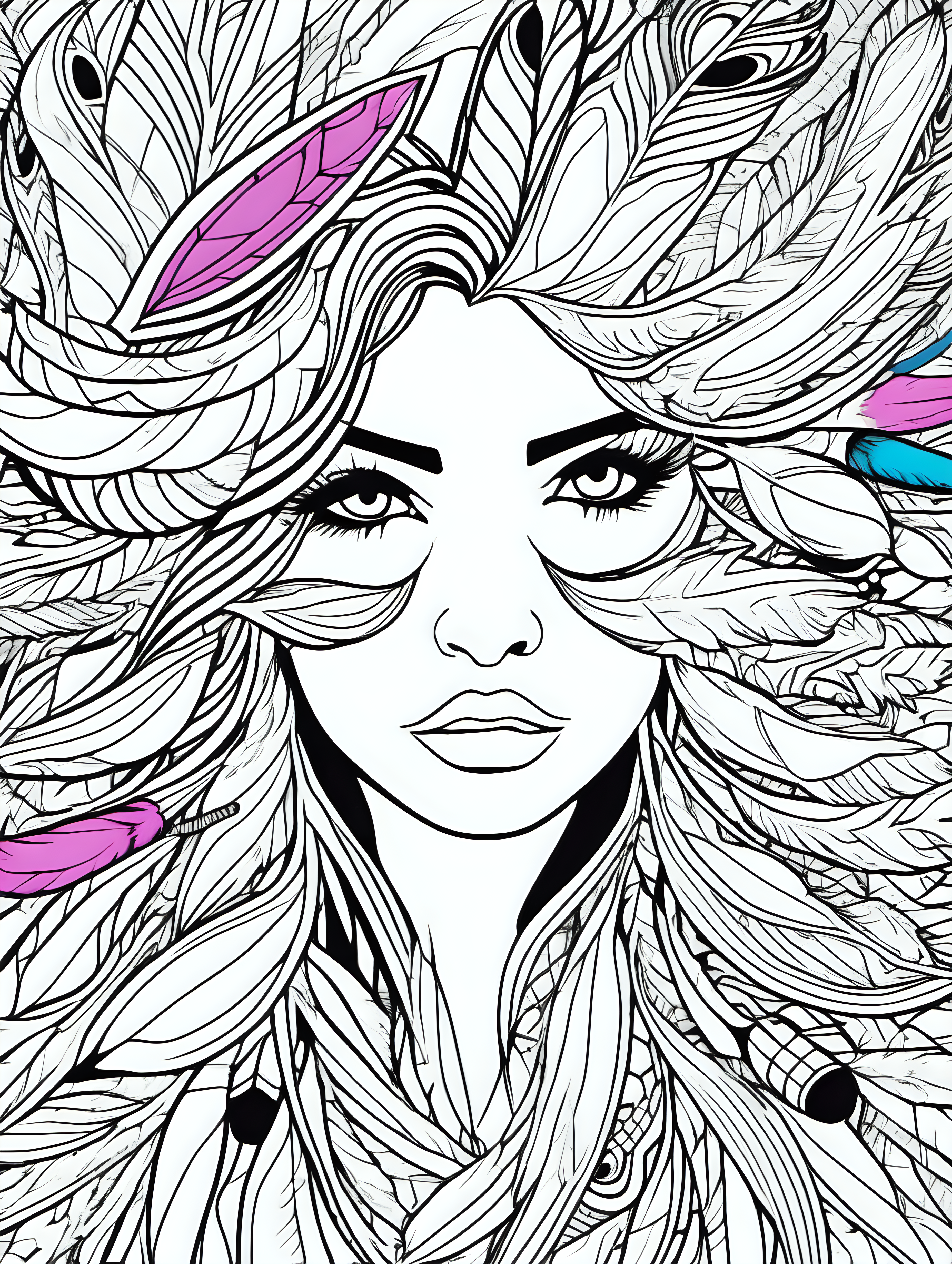 girl with feathers in hair, coloring page, vivid colors, geometrical abstract background