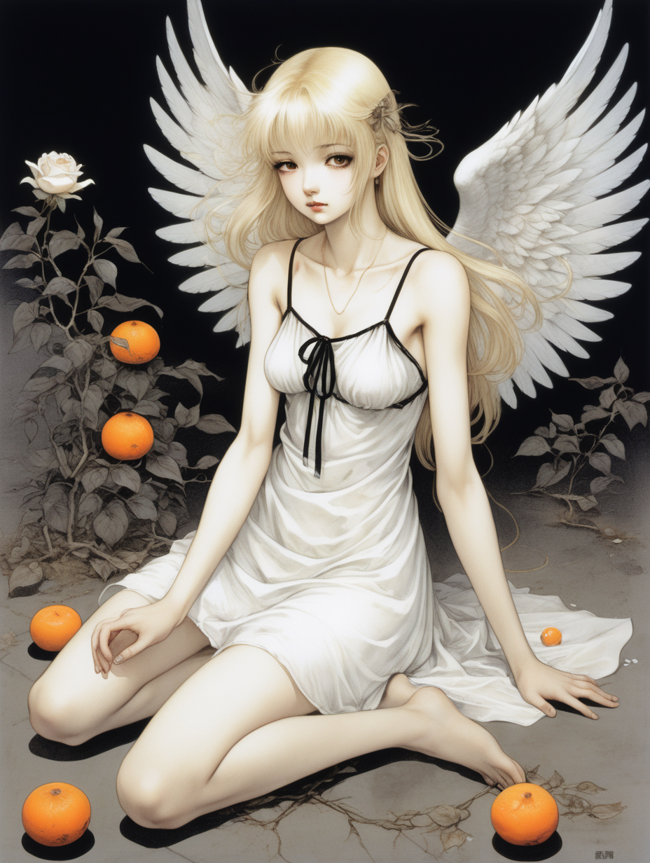 Chica angel sentada en el suelo con una mandarina. Tiene un vestido blanco corto con tirantes simple, el pelo largo rubio y los ojos negros. A su lado crecen rosas marchitas. La ilustracion es del estilo de Yoshitaka Amano