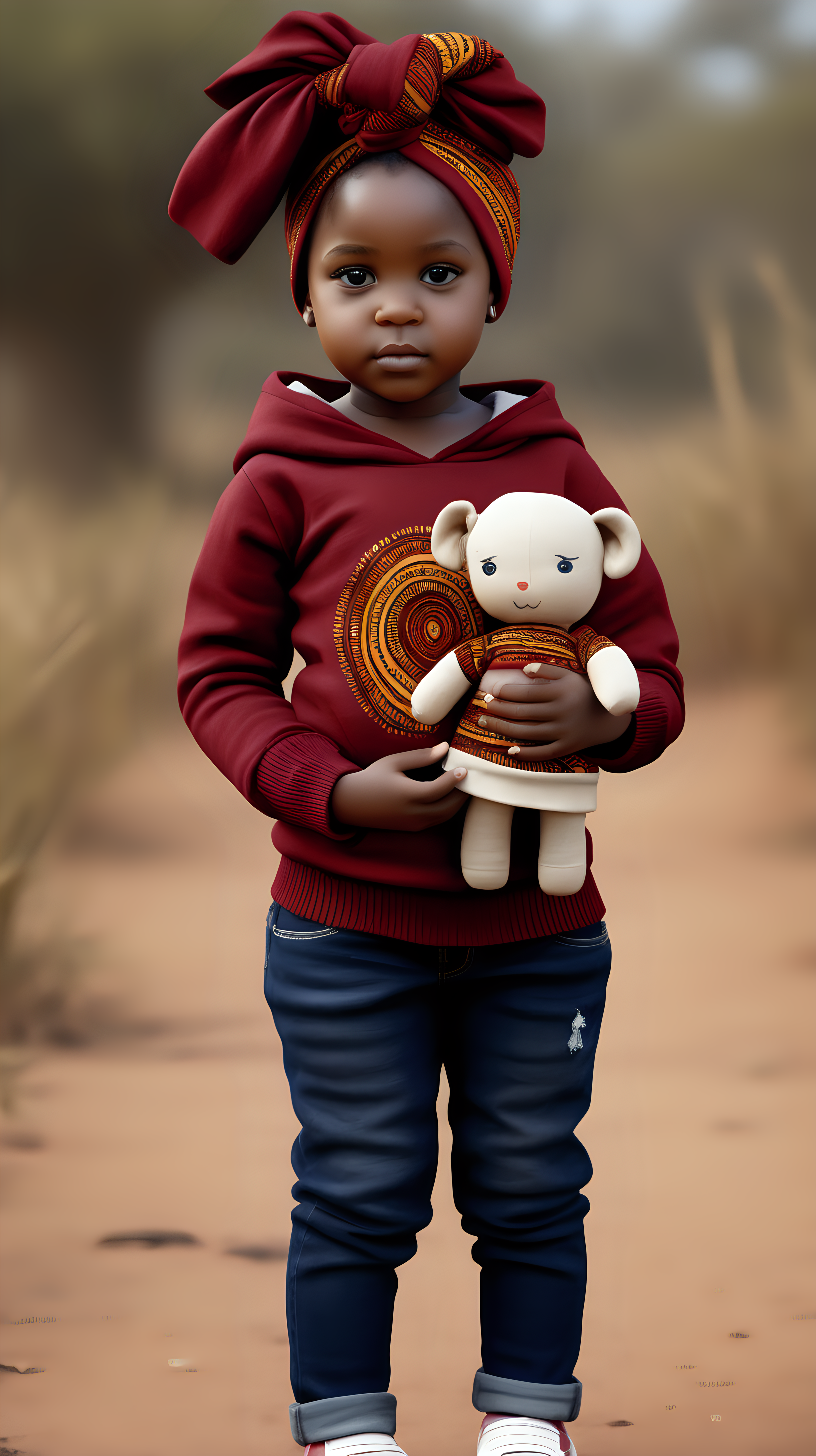 A pretty, young little black girl wearing an African print head wrap, wearing a Deep Red, hooded, knit sweater, wearing Dark Navy blue denim jeans, standing in Africa, holding a small doll, 4k, realism, high definition clarity, brilliance