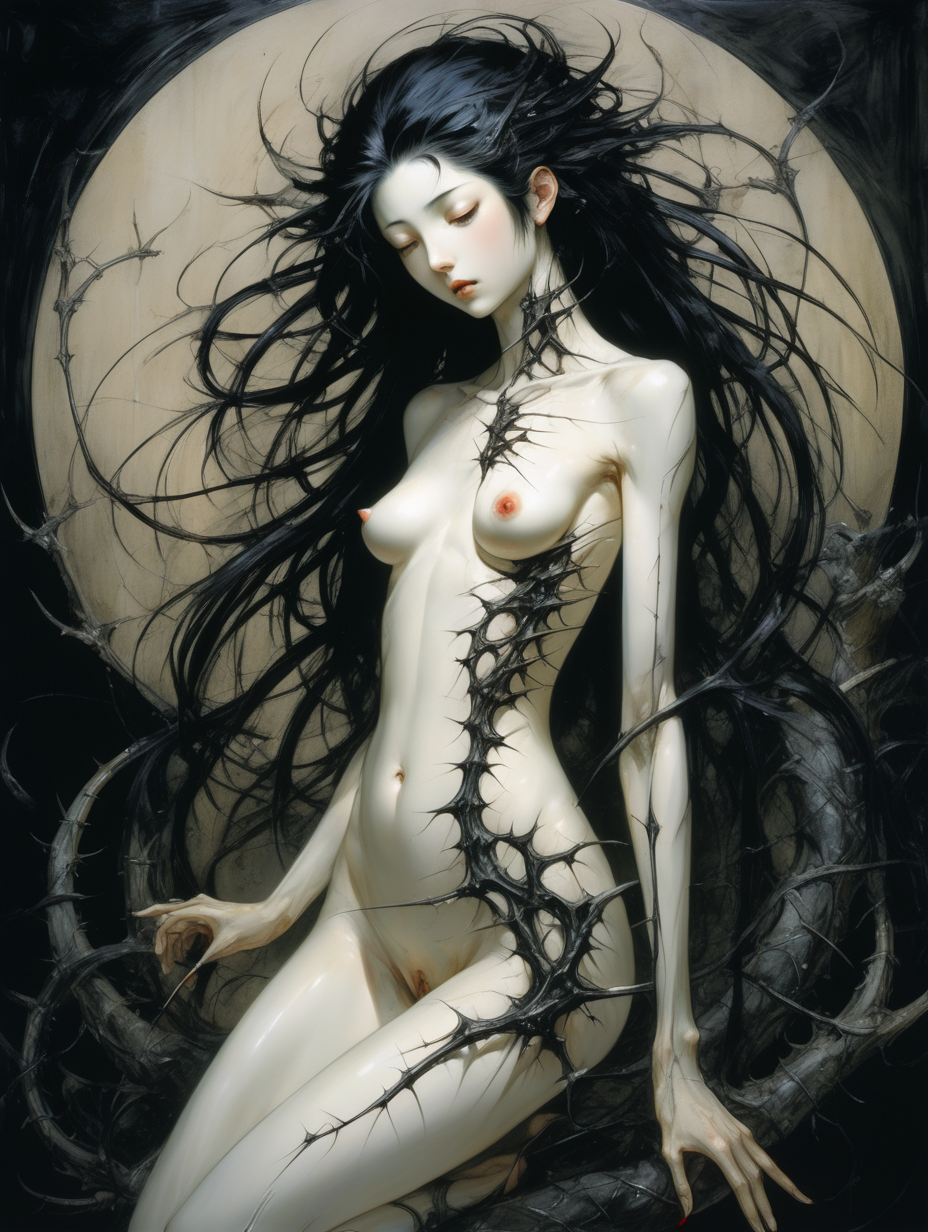 Girl black hair pale slender thorns artistic style