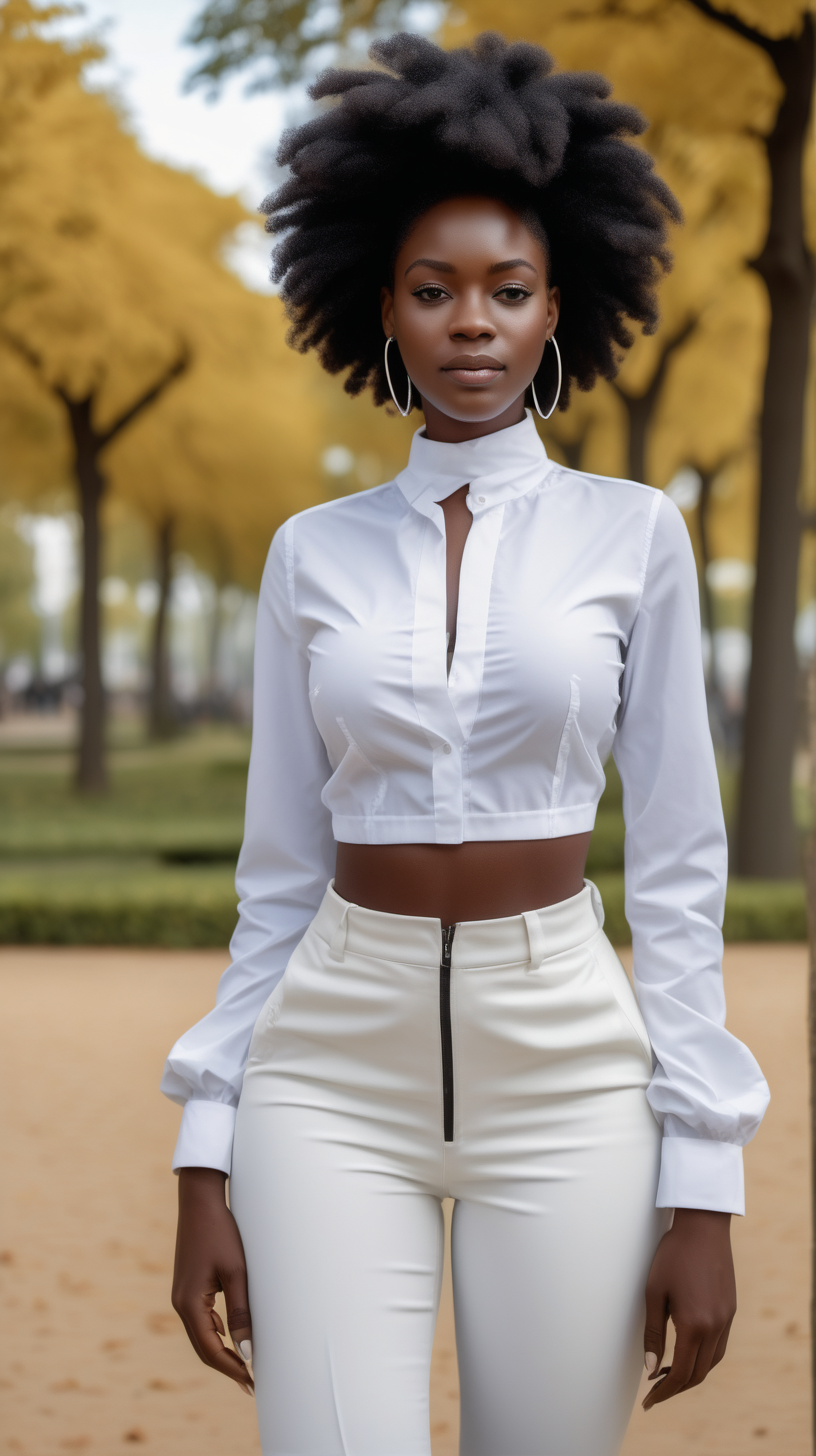 A handsome, intelligent black, female, wearing a, short hair, wearing a white blouse, wearing a elegant, string of African, Wearing a , two piece, women's plumb suit, in a park, brightly lit, modern day, sunny, in Ultra 4K, High Definition, full resolution, hyper realism