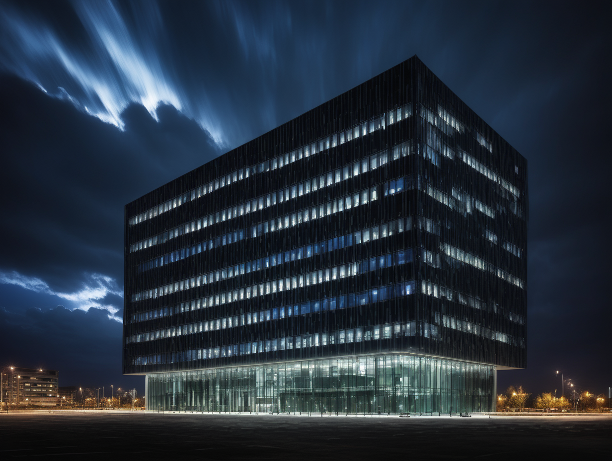 dramatic sky night shot modern looking building, all lights in the building are off