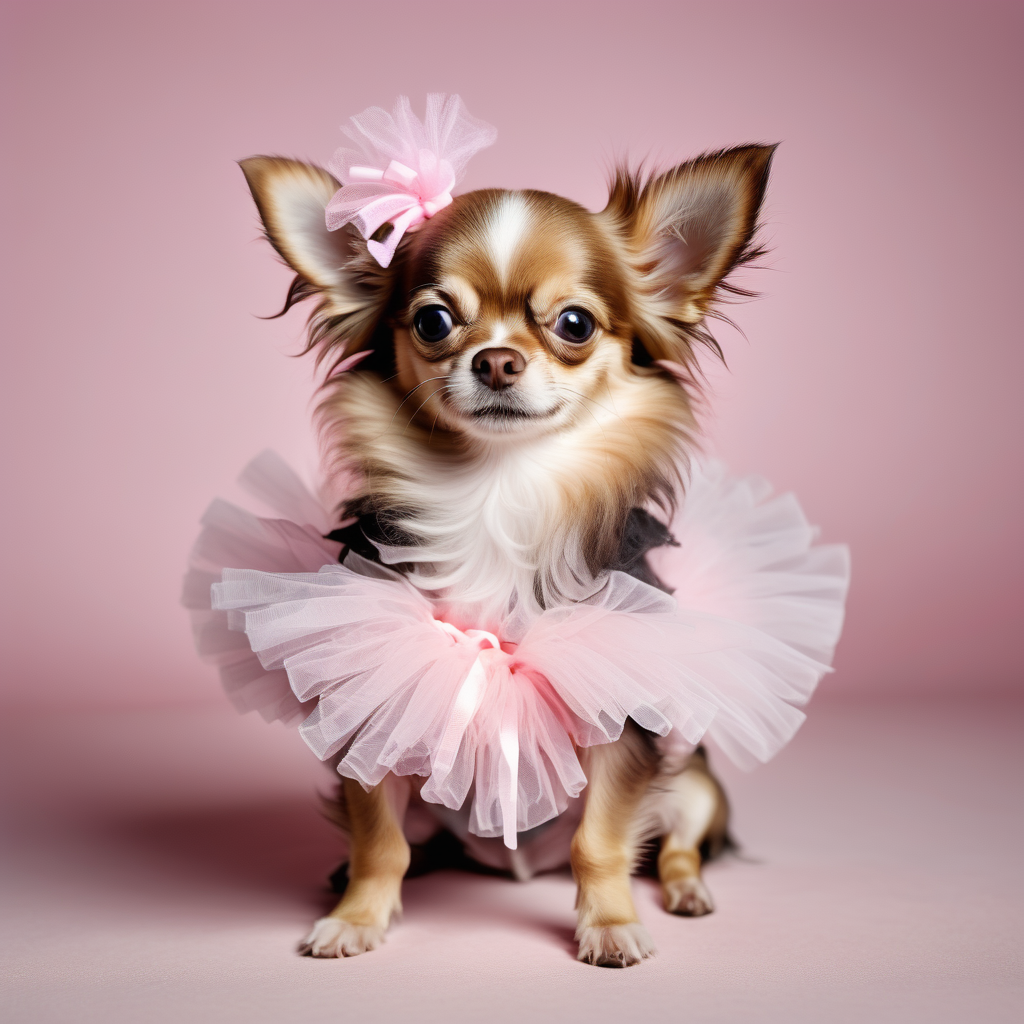 a high quality color portrait of  a long haired chihuahua puppy dressed in a tutu happily playing