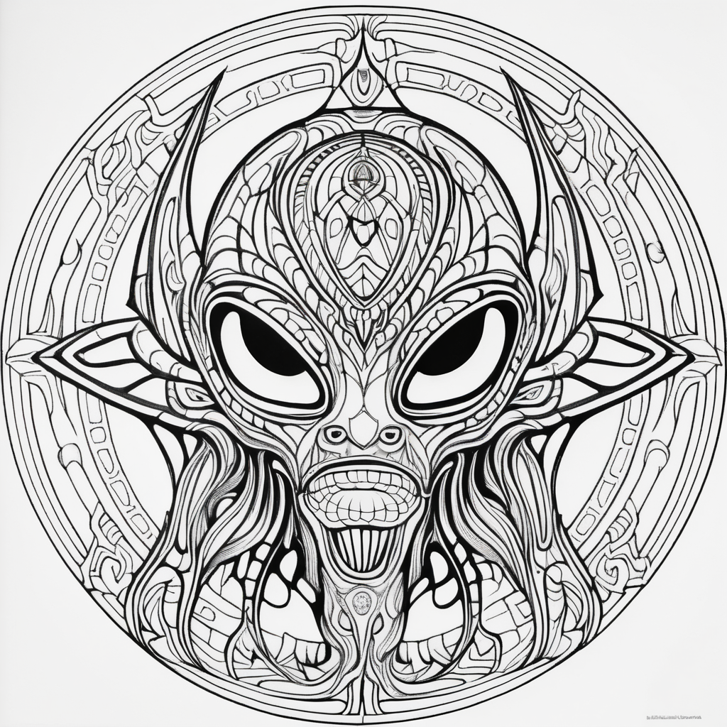 adult coloring book, black & white, clear lines, detailed, symmetrical mandala, alien cultist monster