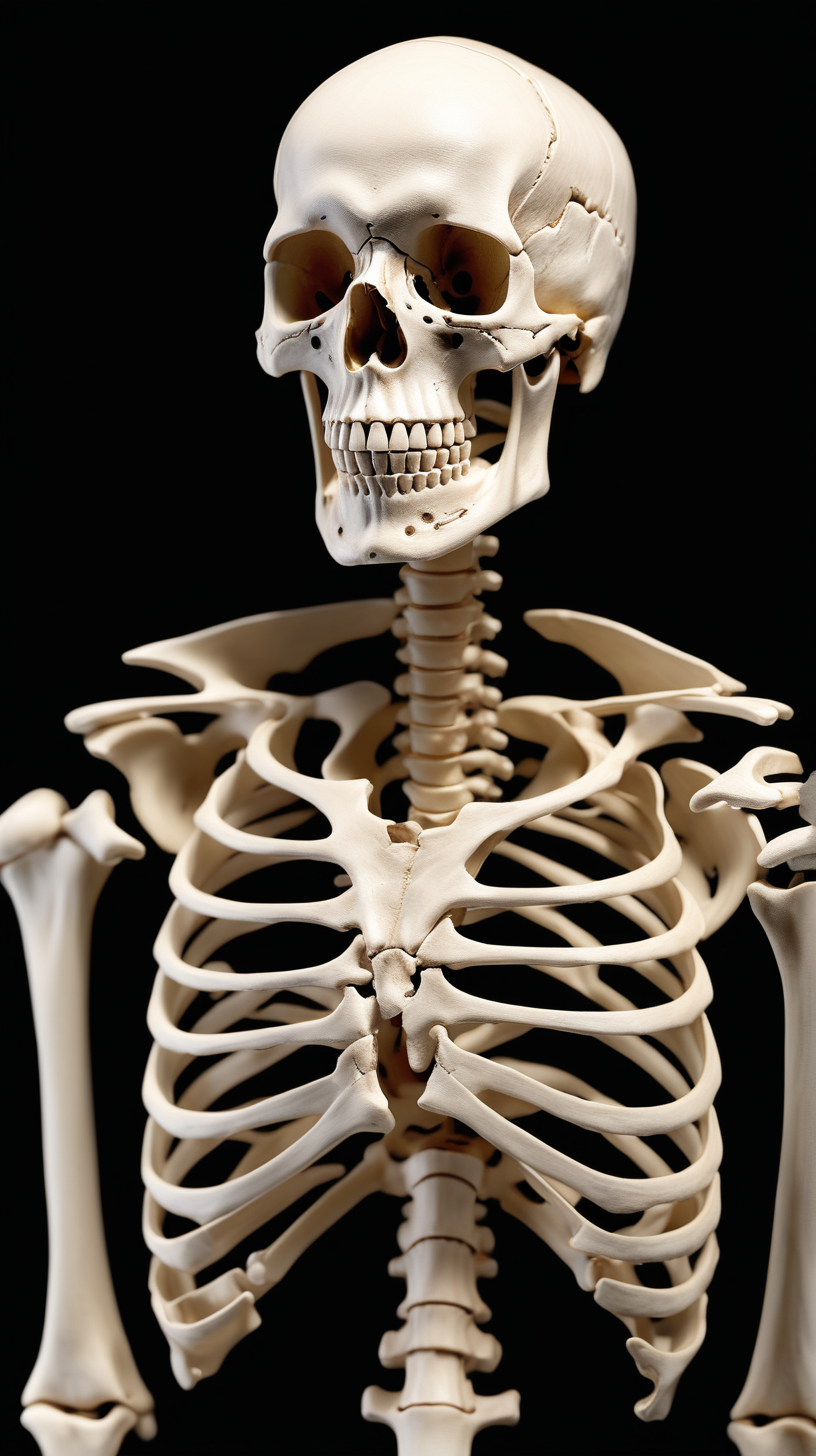 Imagine we're prompting, detailed, realistic human skeleton. Capture intricate details with a high-quality camera model and lens. Illuminate with soft, natural lighting for a lifelike and informative photographic style.