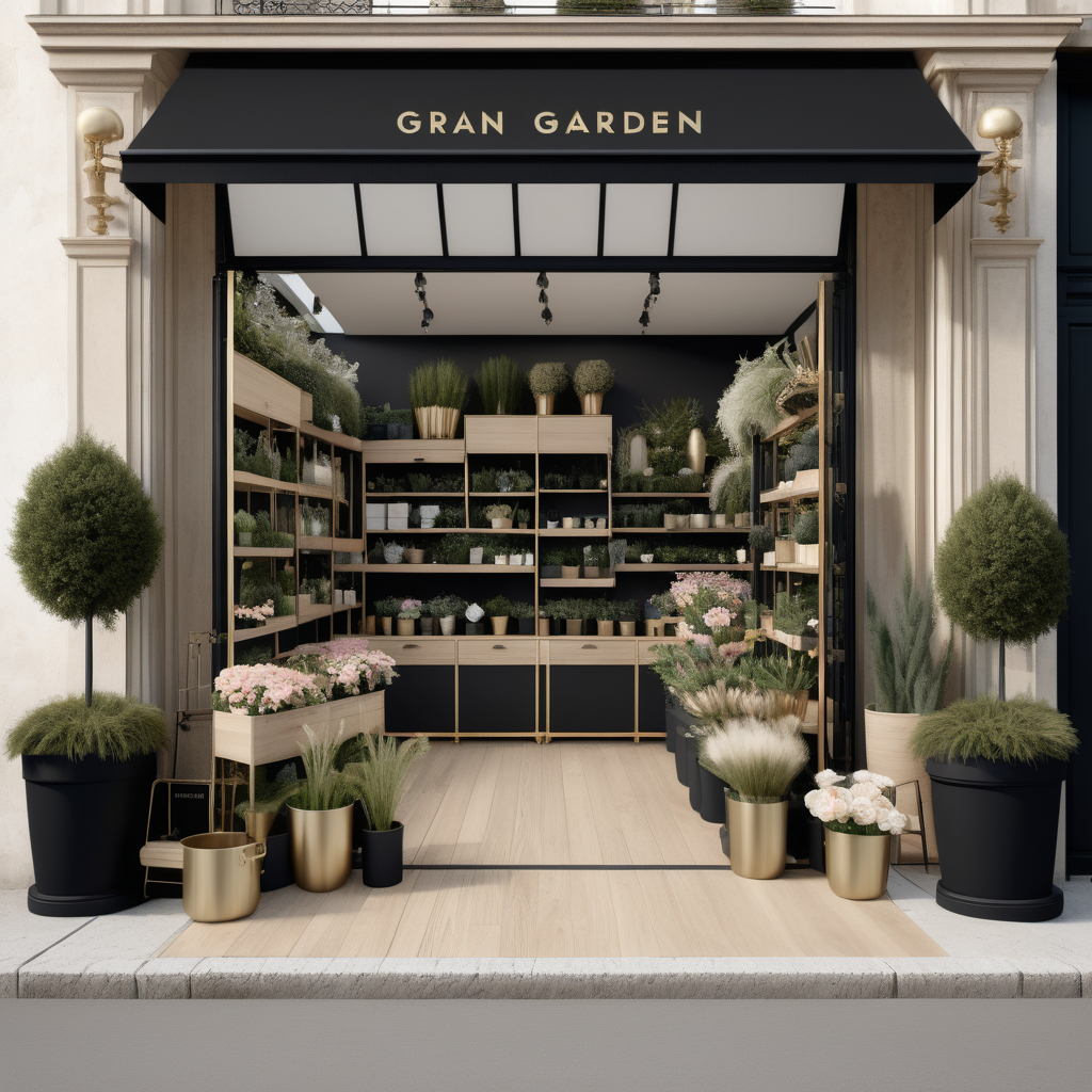 A hyperrealistic image of a grand, Modern Parisian indoor-outdoor garden store in a beige oak brass and black colour palette with garden supplies, plants, flowers