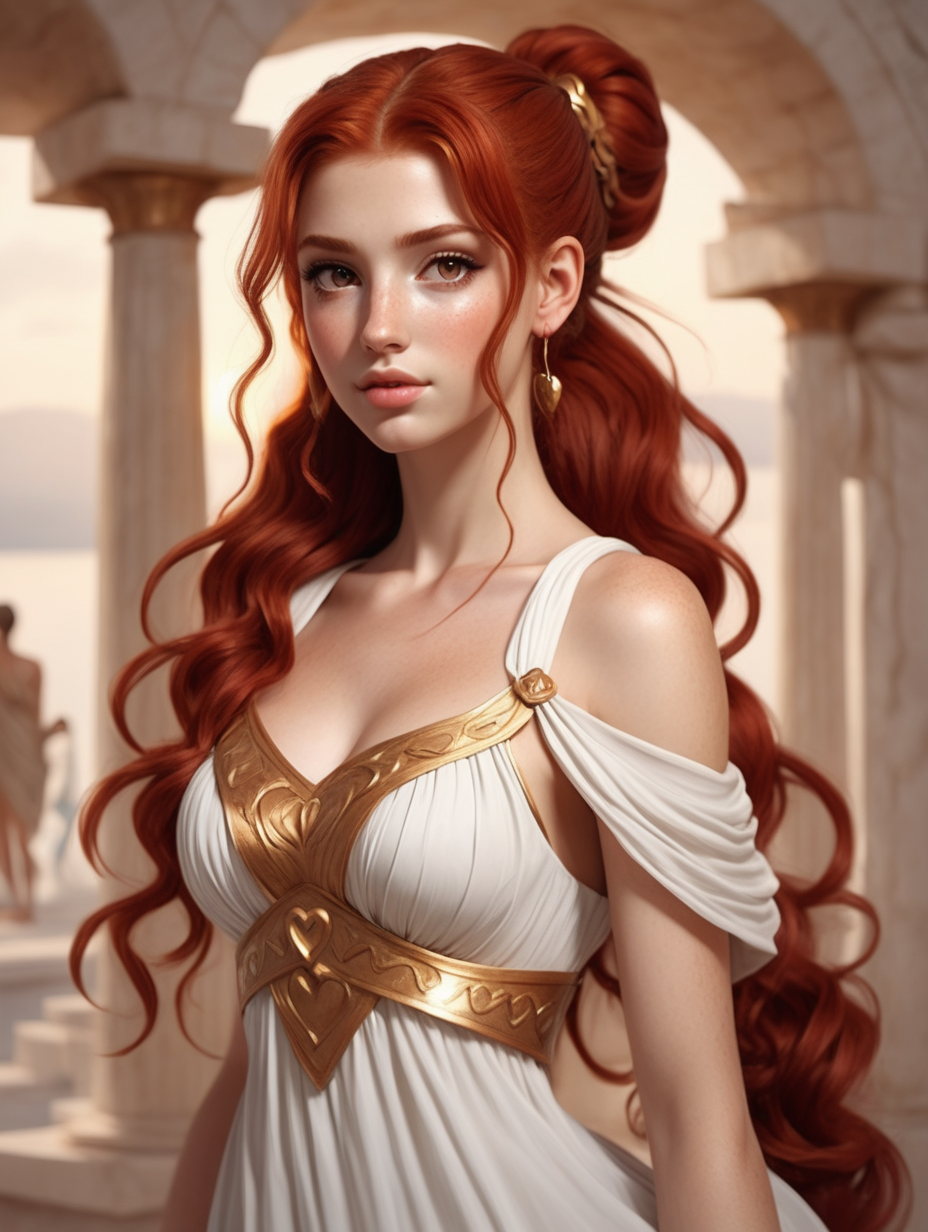 a very beautiful greek goddess red hair in a high ponytail heart shaped face brown eyes wearing a dress