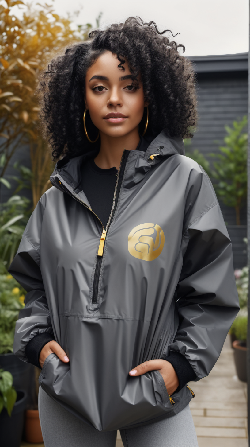 Pretty Black woman with curly, black hair, Black, nylon, cropped, hooded, quarter zip, rain jacket,with a gold print inside the hood  wearing grey denim, carrying a black, duffle bag, standing near an outdoor garden, 4k, high definition, 1080p resolution