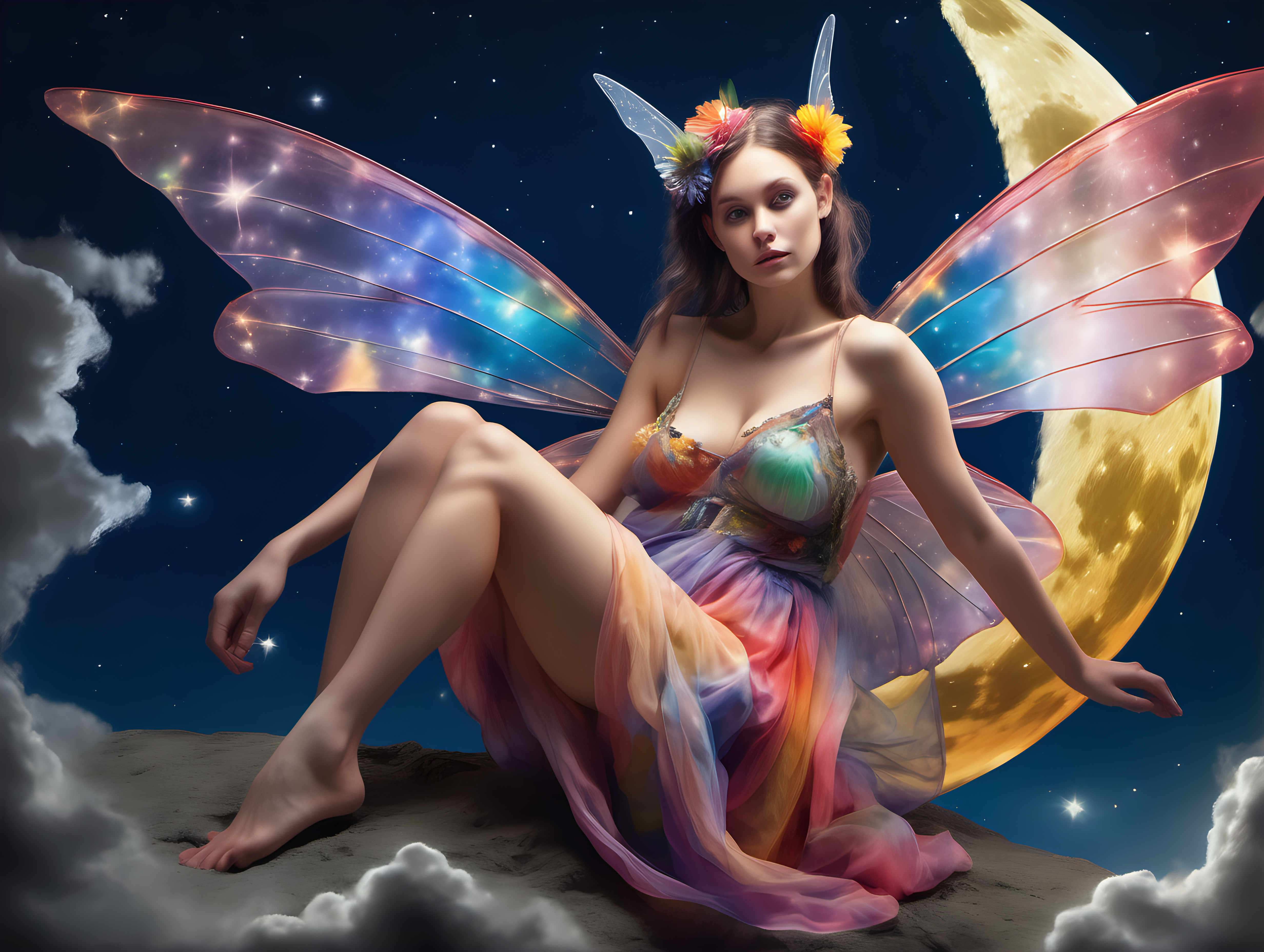hyperrealistic extreme detail photograph of a female fairy with large breasts, colourful transparent wings and a colourful open front loose dress sitting on the moon under a starry sky facing the camera