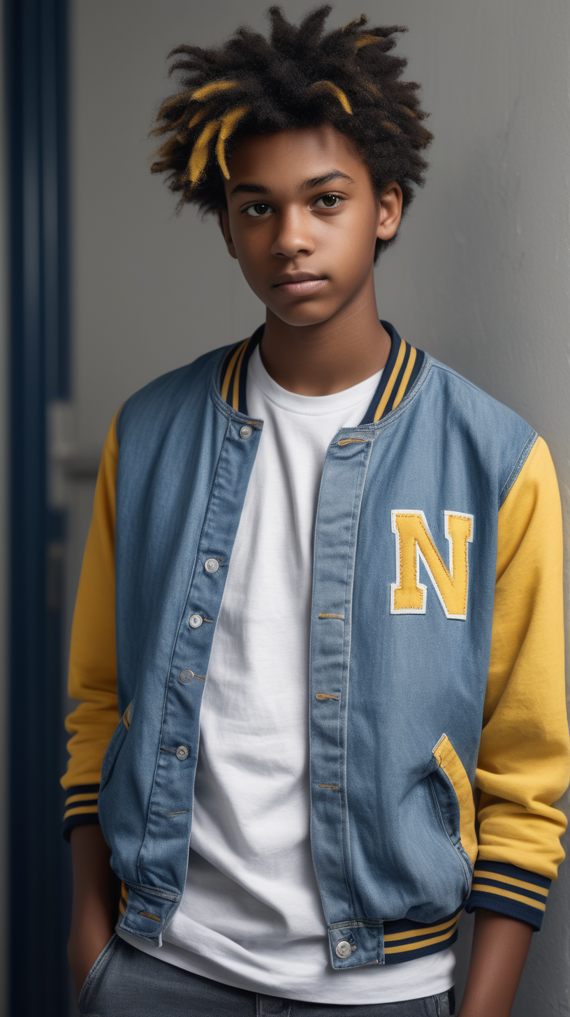 A handsome, black, male, teenager, with short hair, faded on the sides, wearing a yellow, and Grey, cotton varsity jacket, wearing a blue and white, striped, tee shirt, wearing blue, denim, in a class room, in Ultra 4K, High Definition, full resolution, hyper realism