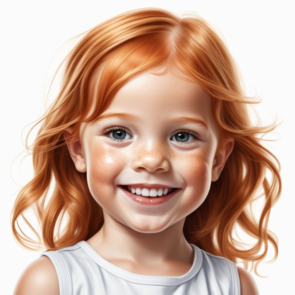 Bílé pozadí_Vytvoř realistickou tvář_ilustraci _tří letý holka_úsměv_ _světlejší zrzavé vlasy