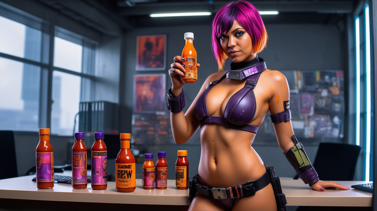sabine wren bikini model holding hot sauce on cyberpunk office