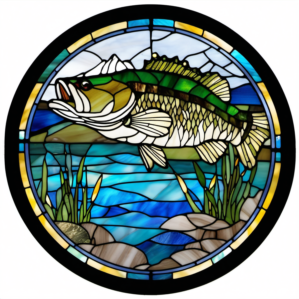 round stained glass largemouth bass lake mountains


