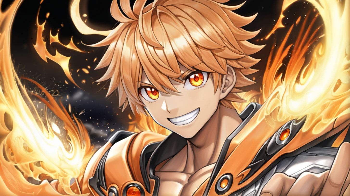 Orange anime eyes, male, fire eyes, hero, blasting angel wings, powerful waves, lights glowing, smile,