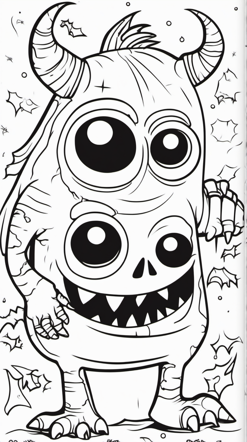A coloring book for children consisting of 80 pages about a monster at a Halloween party, a white background without shadows, and the drawing is in black, with a precise line in English.