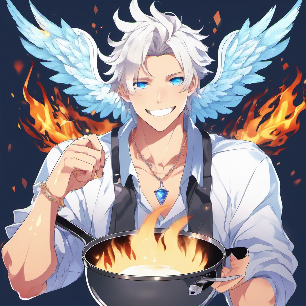 Anime blue eyes with flames inside them, male dude with hero vibes, smiling with smug powerful face, white curled hair,  large angel wings with crystals, Dimond on forehead, necklace, happy guy with frying pan,