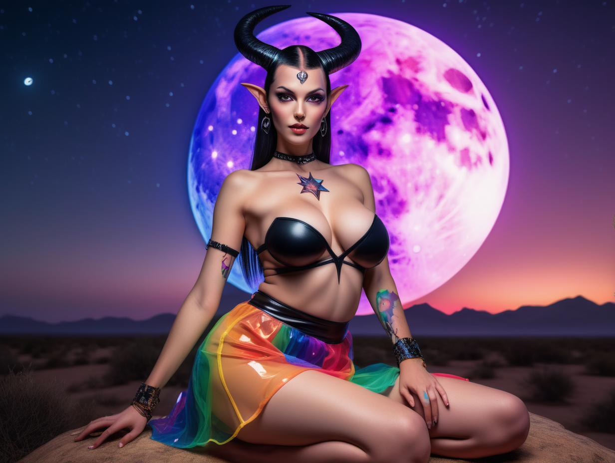 ultra-realistic high resolution and highly detailed adult film photoshoot of a slender female human, with sleek pointy black horns gently swept straight backwards over head, with massive breasts, she has draconic symbols on arms and body, with a colourful open front transparent top and a colourful transparent short loose skirt, sitting with a starry sky and the moon in the background, looking at the camera