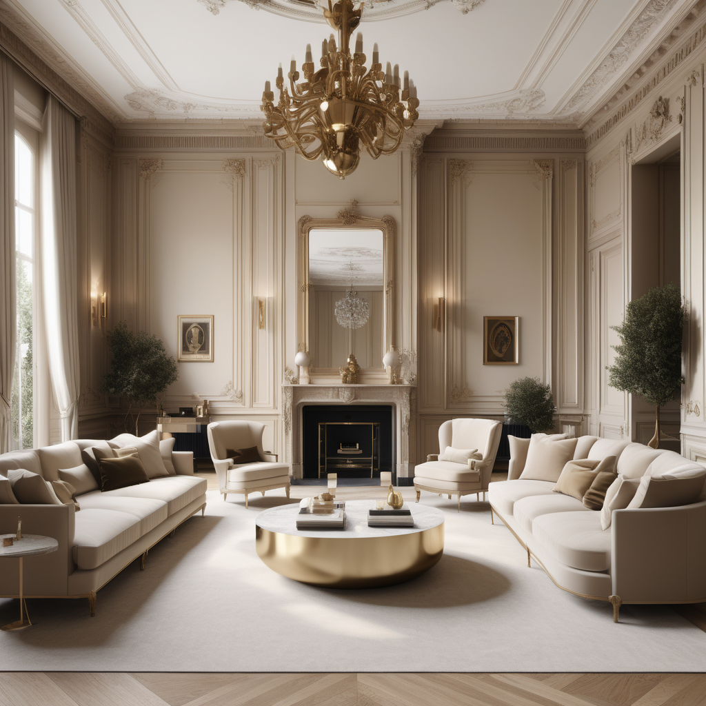 a hyperrealistic of a grand modern Parisian estate home in a beige oak brass colour palette
