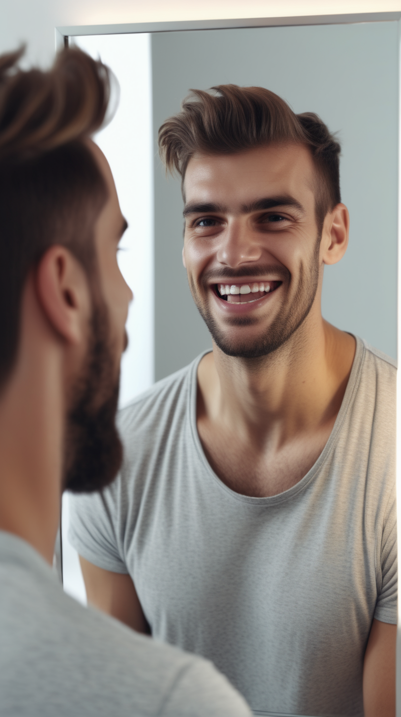 man looking in the mirror happy and cant recognise himself 4k