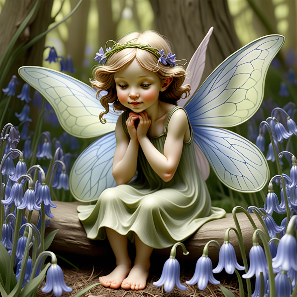 Illustrate a fairy nestled among bluebells, with outstretched wings, portraying the protective and nurturing spirit found in Cicely Mary Barker's work.