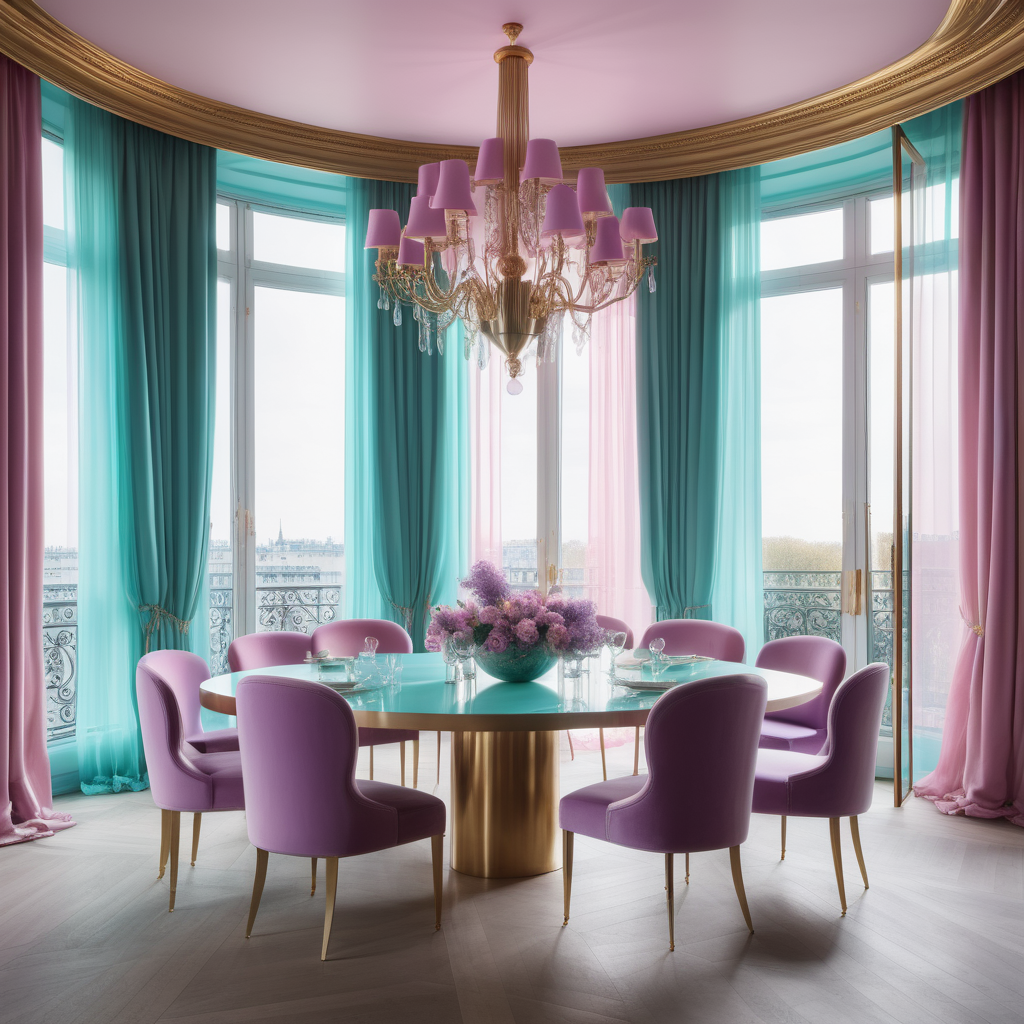 hyperrealistic image of large modern Parisian dining, floor to ceiling windows, curves, cyan, pink, lilac and brass colour palette, brass chandelier, sheer curtains