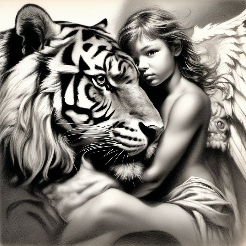 /imagine prompt : a hyper realistic black and gray Boris Vallejo drawing, feauteted a beautiful angel by a tiger portrait create a sureal fantasy atmosphere
/describe : whole subjects in the box
-no cut

<background>white papaer
<style>pencil drawing
_ar 9:16
