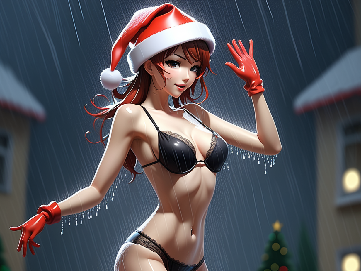 Mujer en ropa interior de liguero sexi y gorro de navidad bailando bajo la lluvia.anime