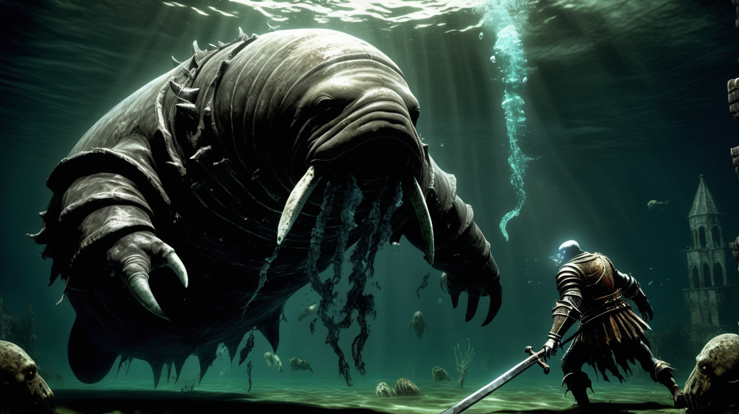 An underwater dark souls boss fight against a grotesque undead zombie manatee demon