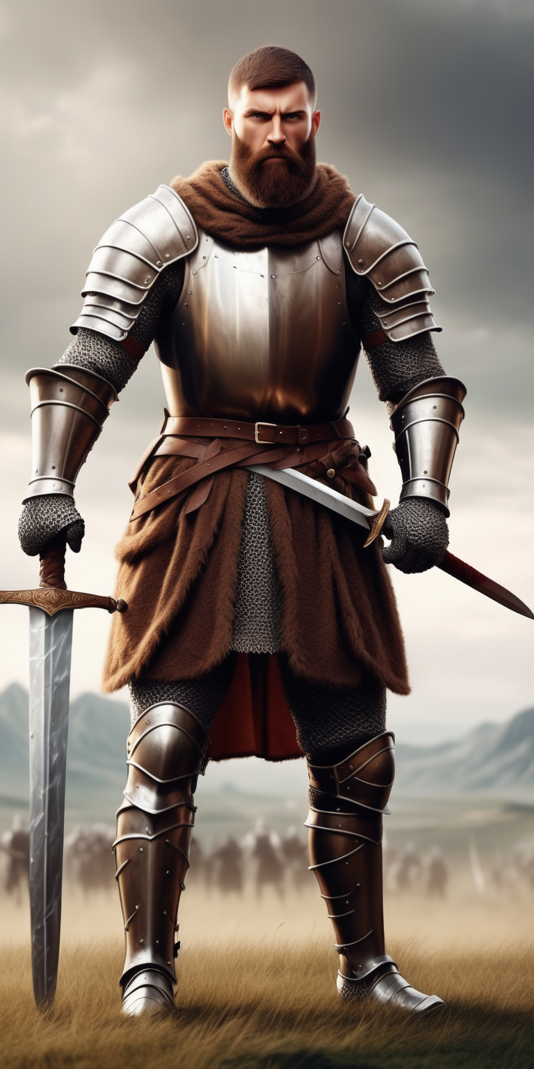 Realistic medieval brown short haired muscular knight with