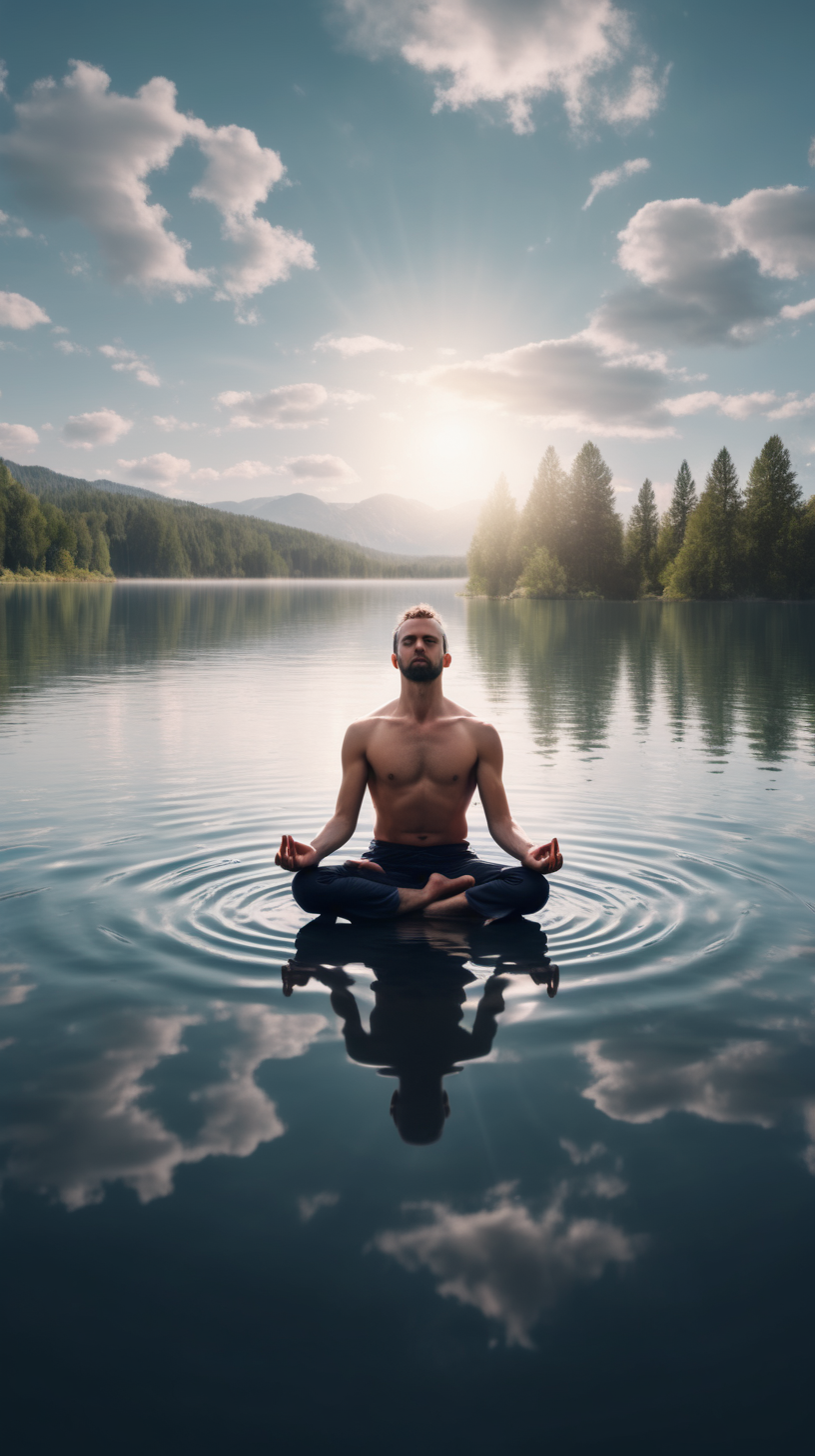 man meditating in the middle of the lake he is floating above  4k