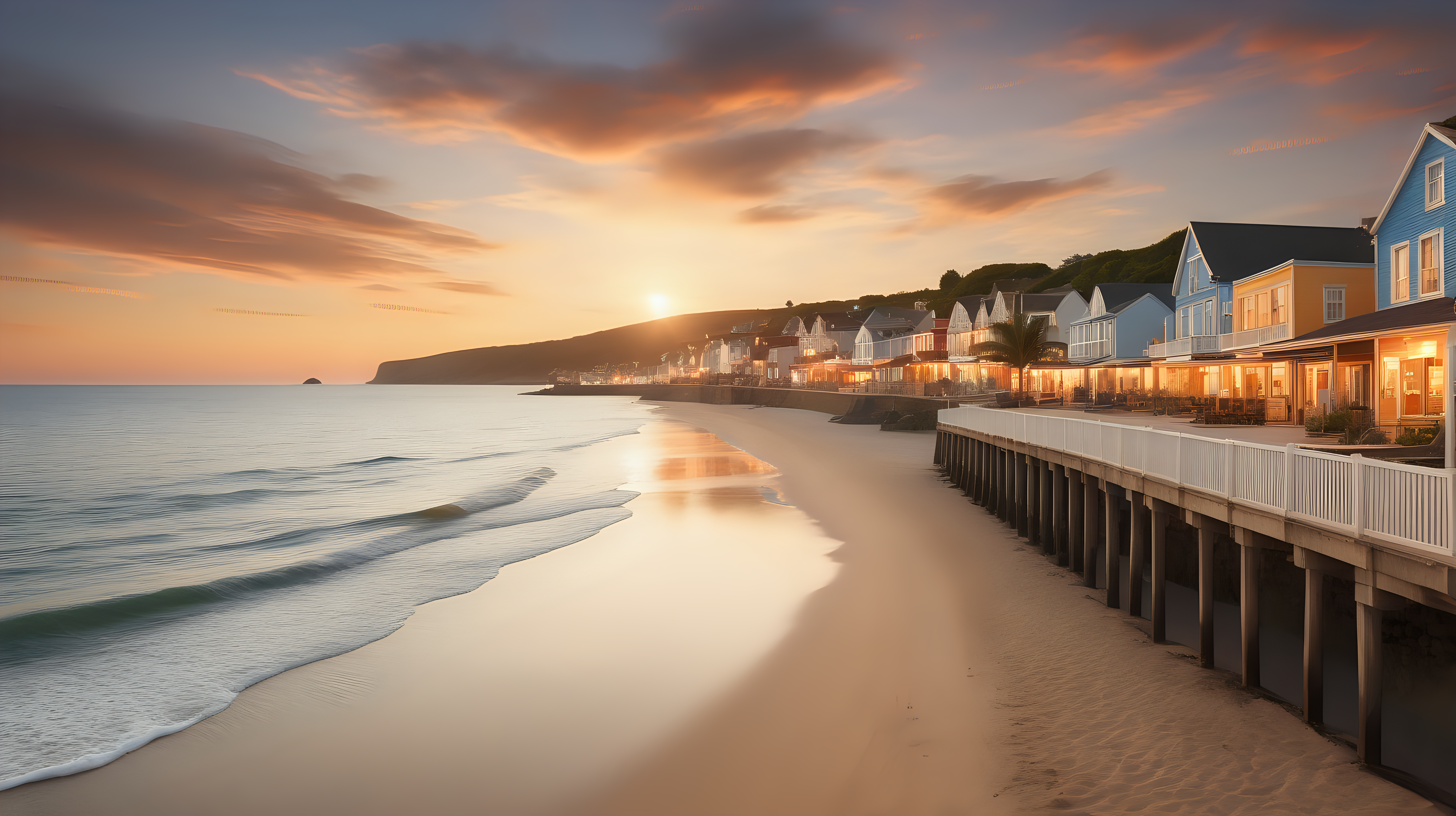 Una fotografía de un pueblo costero que transmita calma y serenidad, relax, lounge, ultrarealista, atardecer, playa