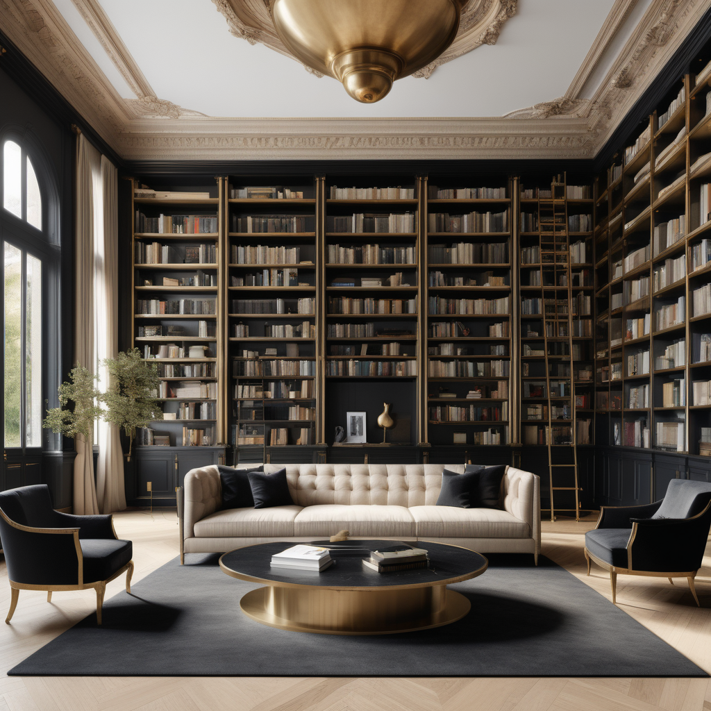 A hyperrealistic image of a grand, large,  Modern Parisian home library in a beige oak brass and black colour palette, with floor to ceiling windows, floor to ceiling bookshelves,
