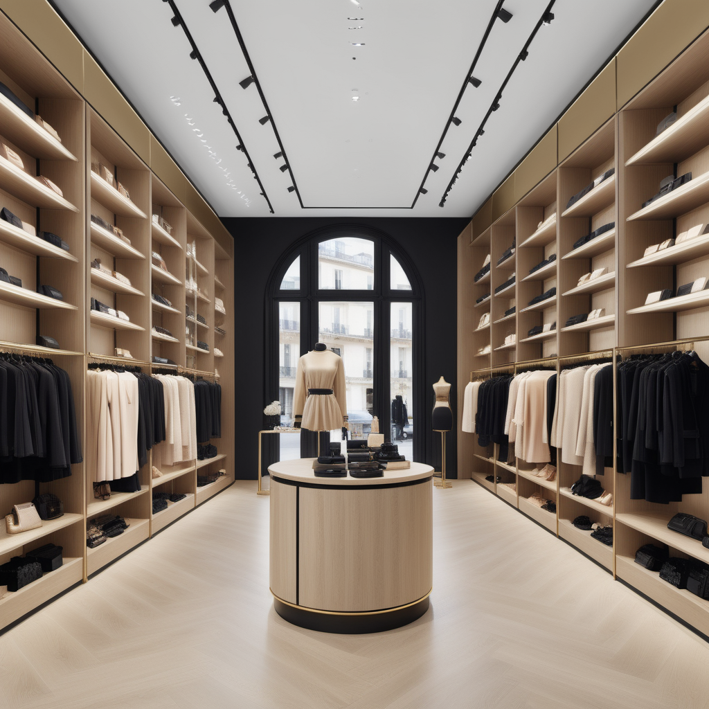 A hyperrealistic image a grand,open, elegant and feminine Modern Parisian womens concept store interior  in a beige oak brass and black colour palette with floor to ceiling windows and, shelves and displays stocked with beautiful elegant clothing and accessories and beauty supplies with curved features