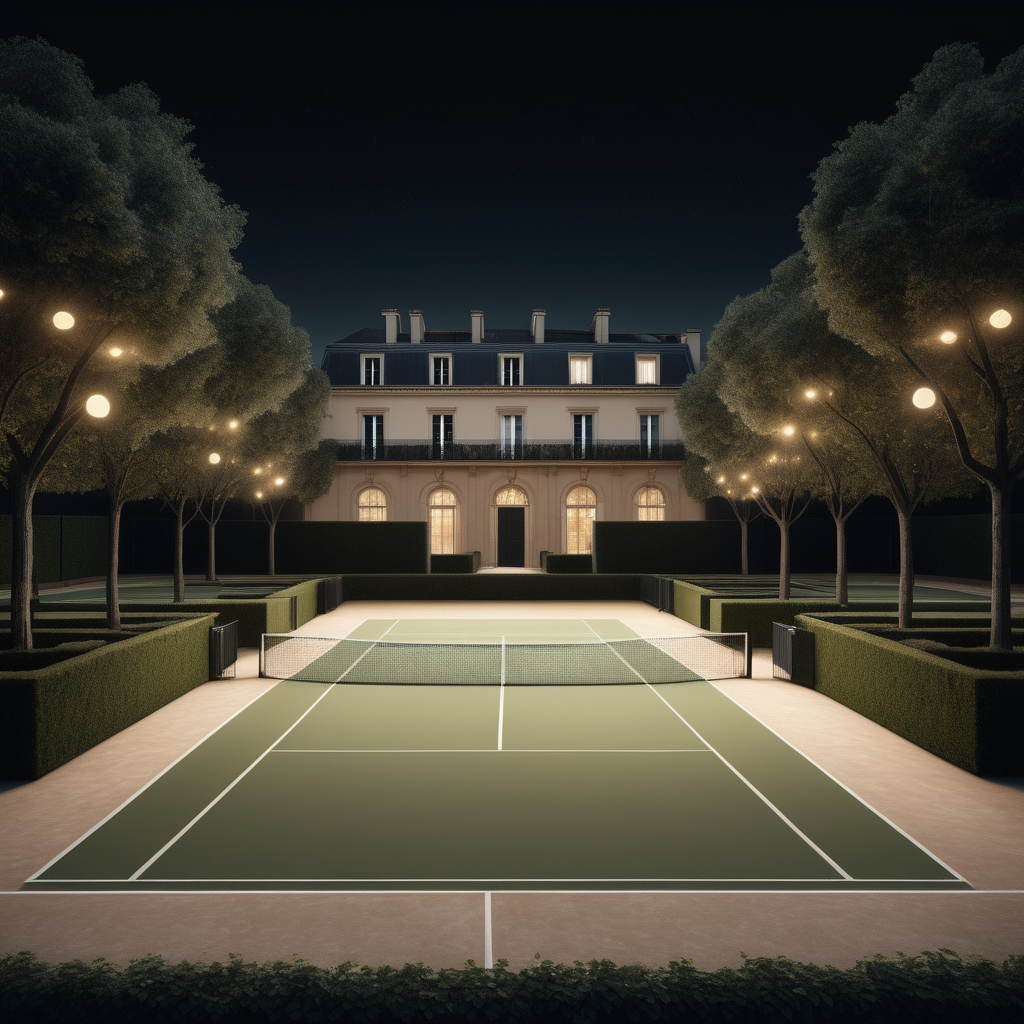 a hyperrealistic image of a grand modern Parisian estate tennis court at night with mood lighting, in a beige oak brass and black colour palette, surrounded by wide open manicured gardens --no fence