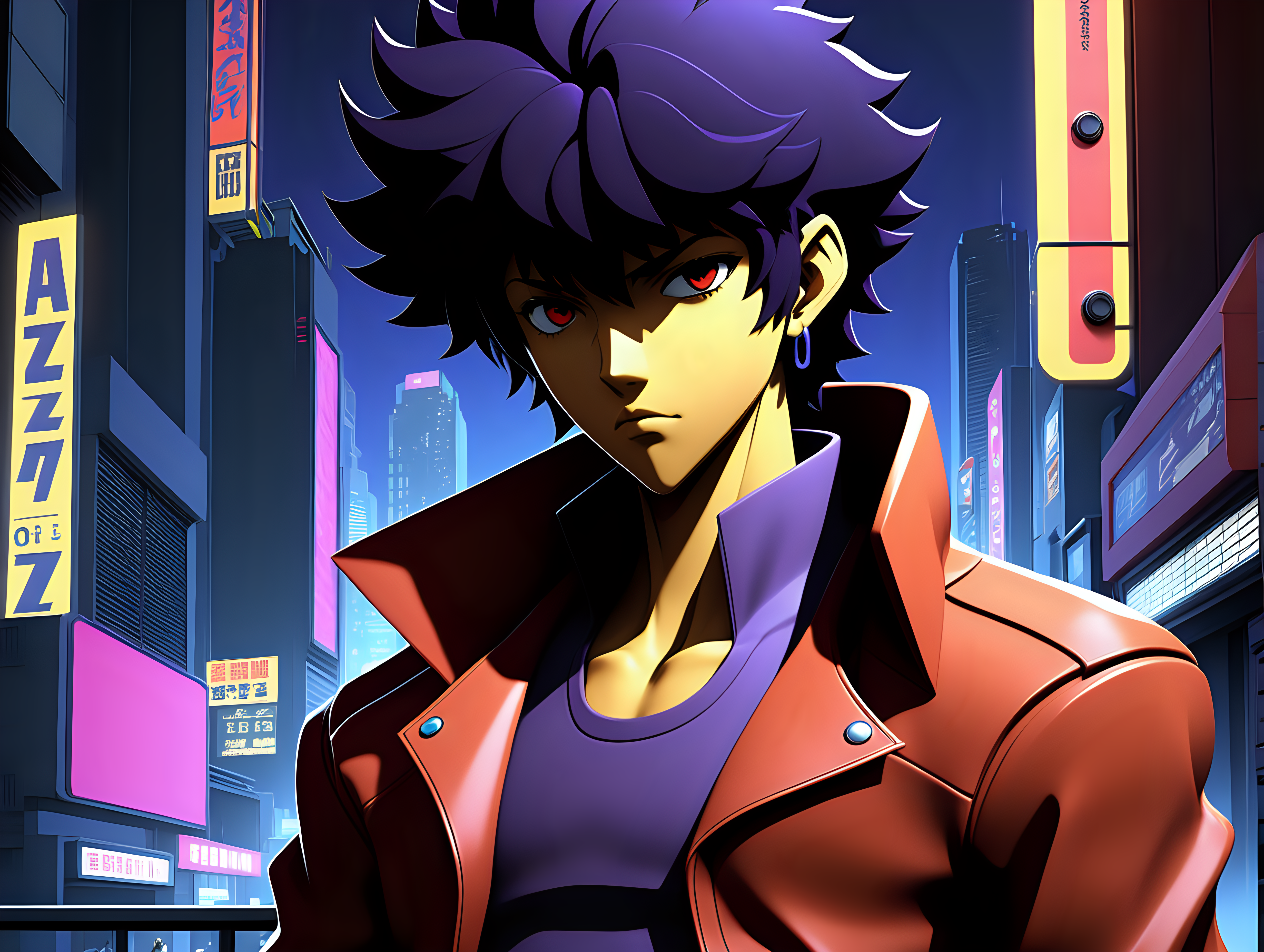 Generate concept art for a JRPG with a jazz-infused soundtrack and an aesthetic inspired by Persona, Cowboy Bebop, and Akira. The scene should showcase the main characters in a vibrant urban environment, specifically in or around a futuristic bar or nightclub with elements of futuristic technology and a touch of noir.

Incorporate smooth low-poly graphics reminiscent of the PS1 era, capturing the essence of classic JRPGs. The art style should draw inspiration from the stylish and dynamic visuals of Persona, the gritty cyberpunk atmosphere of Akira, and the jazzy, adventurous feel of Cowboy Bebop. Set the scene in a bustling city with neon lights, futuristic architecture, and a jazz club or district.

Highlight the main characters in a way that reflects their personalities and the overall tone of the game. The soundtrack should evoke the soulful and improvisational spirit of jazz, setting the mood for the JRPG adventure.

Embrace the fusion of futuristic technology, jazz influences, and the captivating aesthetics of Persona, Cowboy Bebop, and Akira, delivering a visually stunning and immersive concept for a JRPG with a futuristic bar or nightclub background.