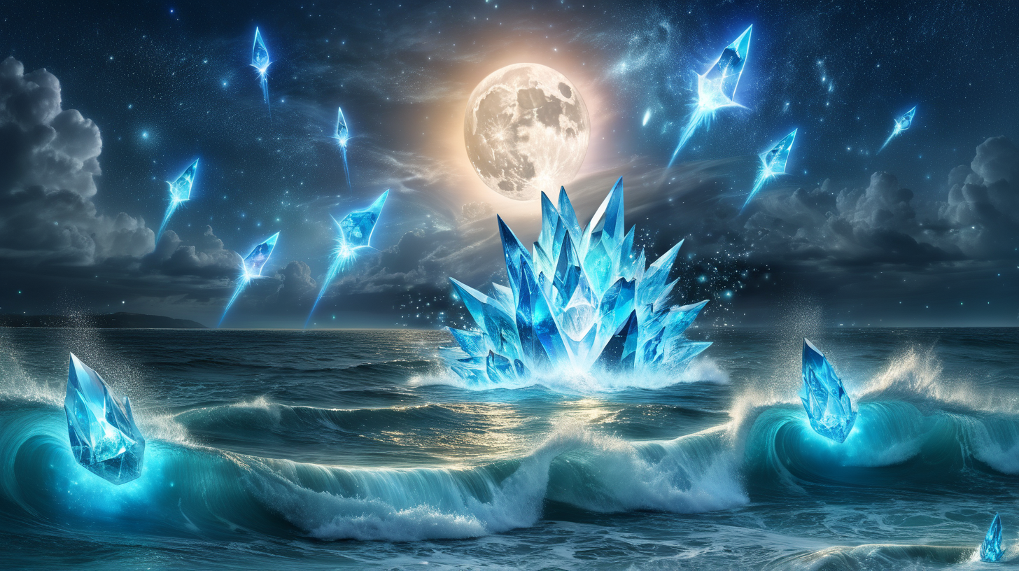 Blue crystals emerging from the ocean, thunder striking the stars, and the moon splitting into a new world, flame and souls flying everywhere