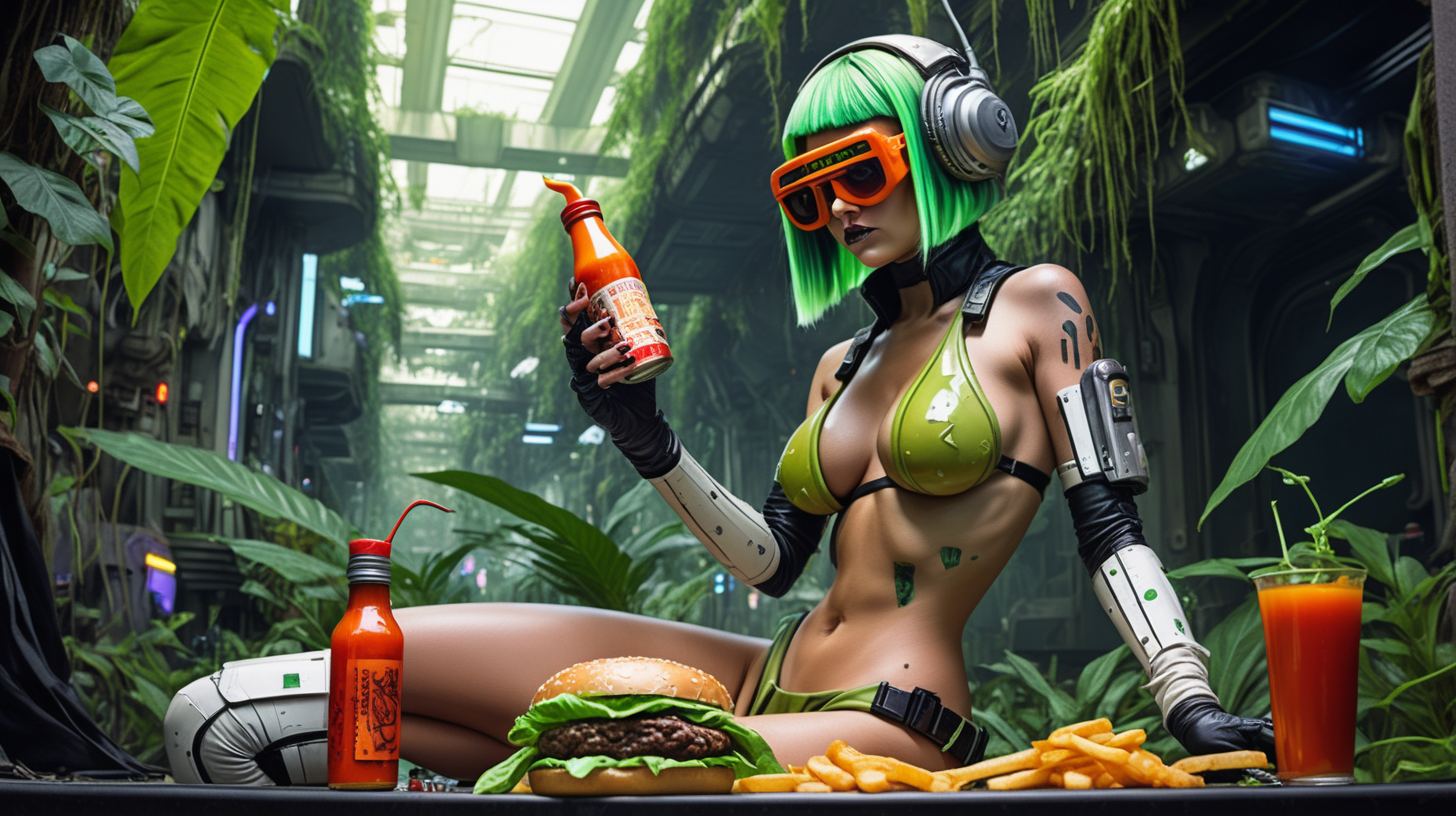 Hera Syndulla bikini putting hot sauce on hamburger in cyberpunk jungle