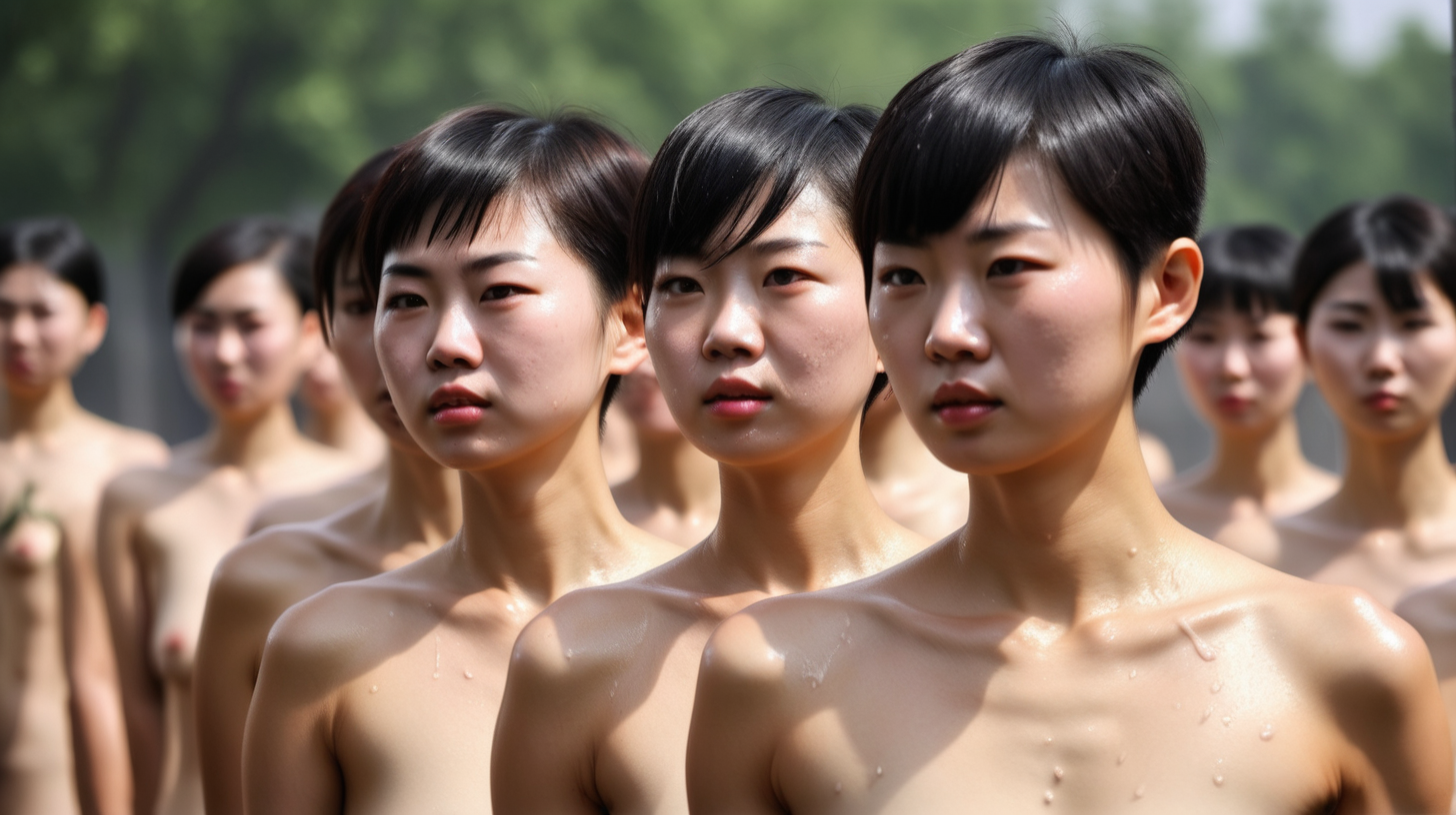 中国女兵
短发
青年人
上身裸体
满身汗水
在阳光下进行耐热训练