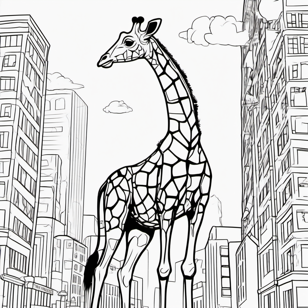 /imagine colouring page for kids, Giraffe rex in a city, Thick Lines, low details, no shading --ar 9:11