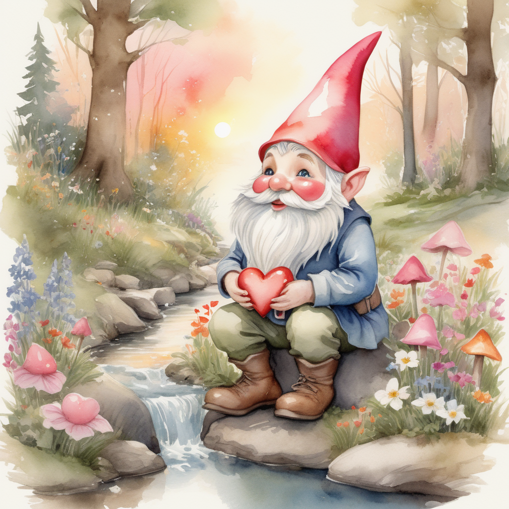 /envision prompt: A watercolor gnome, immersed in a valentine's theme, rendered with delicate strokes reminiscent of classic storybook illustrations. Channeling the whimsy of Beatrix Potter, the gnome, adorned with heart-shaped accents, stands beside a babbling brook, surrounded by blooming wildflowers. The color palette leans towards soft pastels, evoking a sense of romance and innocence. The gnome's expression exudes joy, with twinkling eyes and a gentle smile, illuminated by the warm glow of sunset. The scene carries an enchanting atmosphere, capturing the magic of love in a woodland setting. --v 5 --stylize 1000
