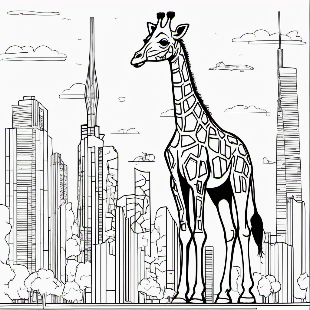 /imagine colouring page for kids, Giraffe in a futuristic city, thick lines, low details, no shading --ar 9:11
