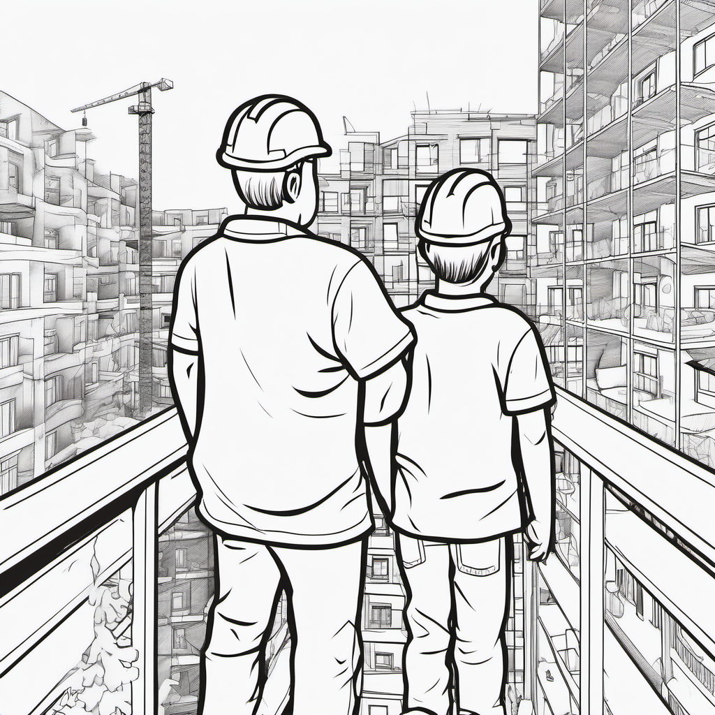 create an image without color for kids' coloring book of a man and a boy looking at apartments under construction