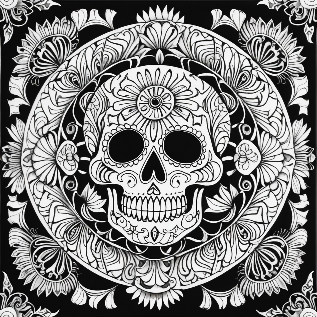 adult coloring page, black & white, high details, symmetrical mandala, string lines, day of the dead, candy skull